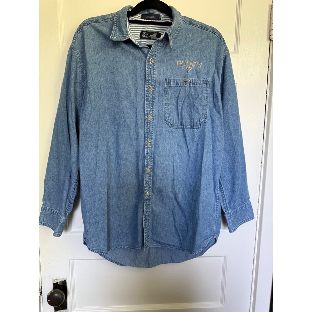 Fox Hill Vintage Denim Shirt Women Medium Blue Embroidered Cat Dog Friends Heart